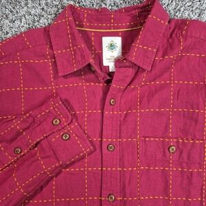 Territory Ahead Button Down Shirt Men's Large Red Linen Sashiko Stitch Gorpcore